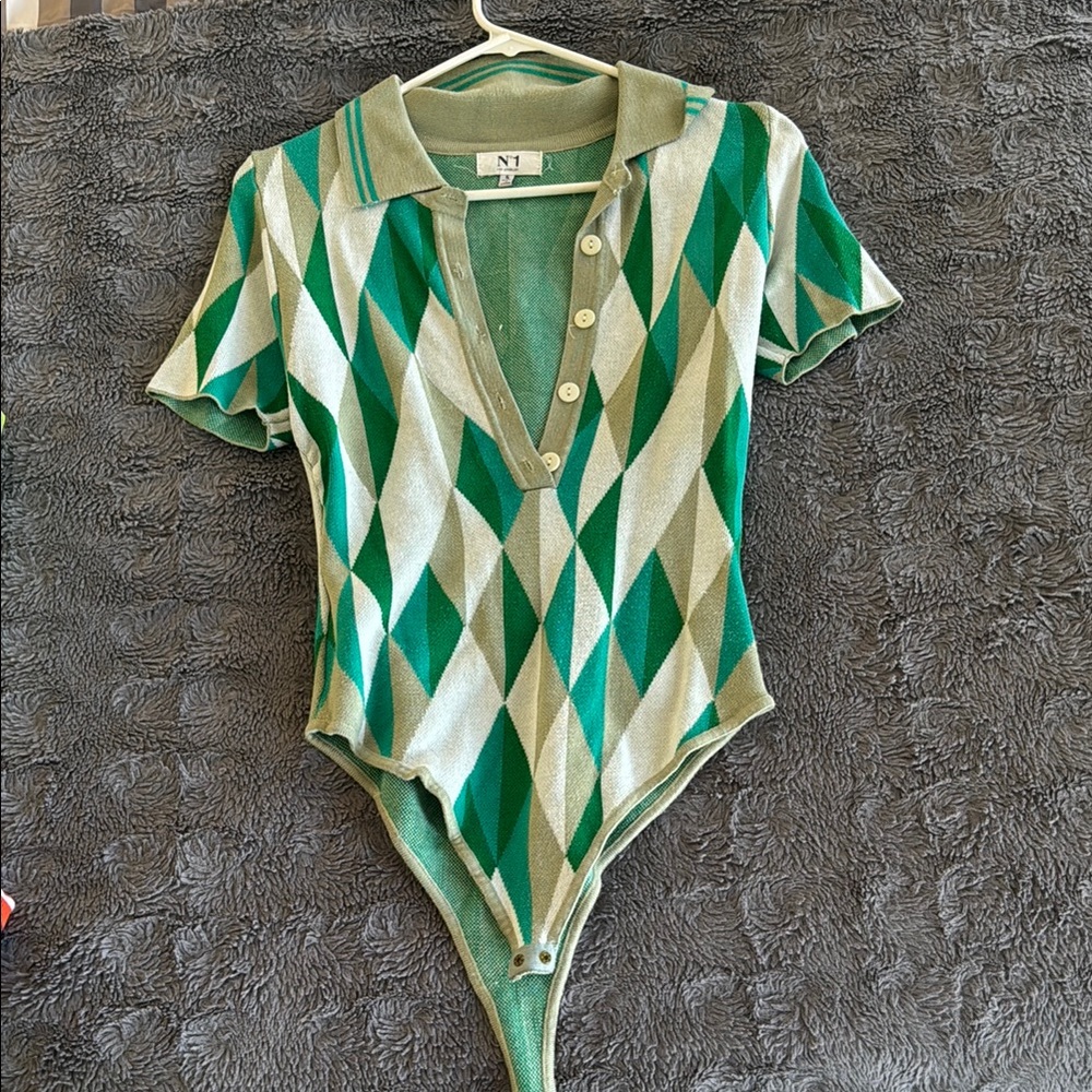 Polo-Style Kids One-Piece Bodysuit in Green Diamond Print